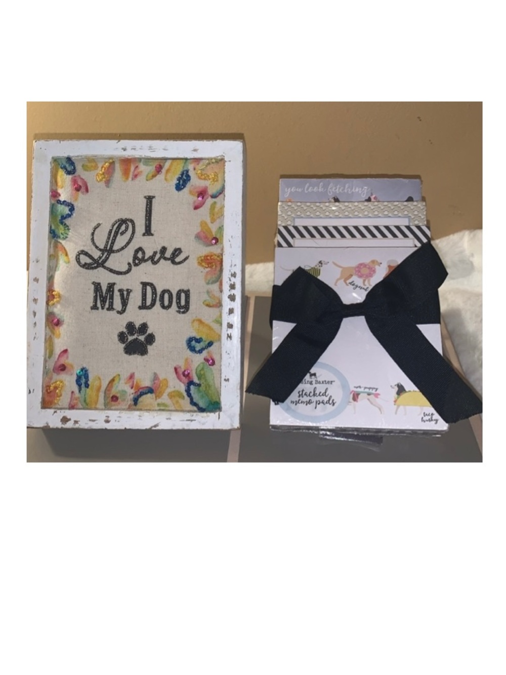 🎄🧑🎄 I LOVE MY DOG Embroidered Sparkly Distressed Sign + Set 4 Memo Pads NWT